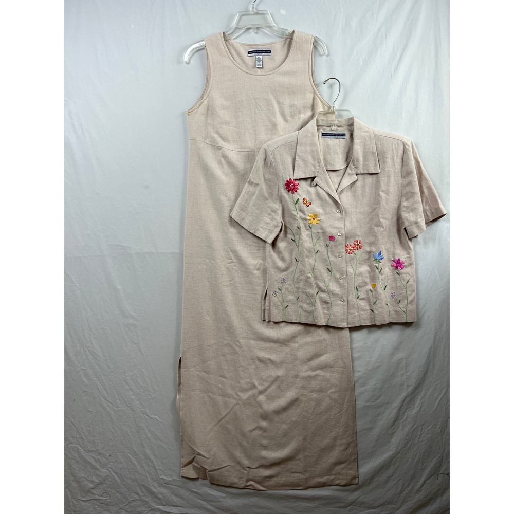 Amanda Smith Petites Maxi Dress Set Women 8P Beige Linen Embroidered 2pc Shift